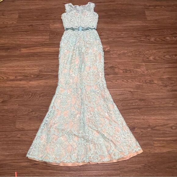 Gigi Sleeveless Mock 2 Piece All Over Lace Dress Sheer Midriff Aqua Mint Blue 00 - Picture 13 of 16